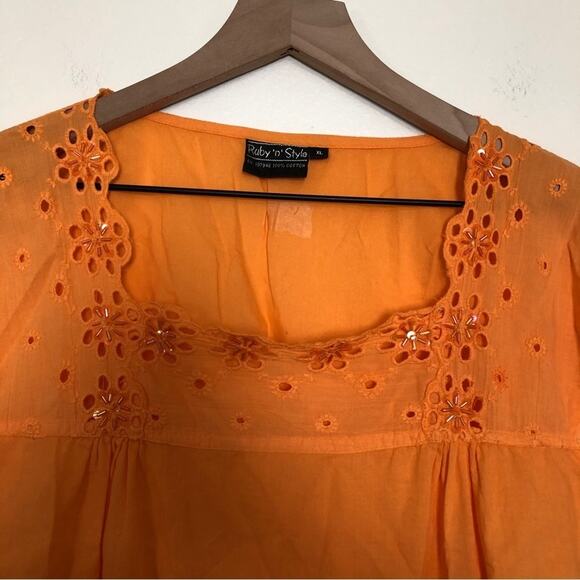 Ruby n Style Orange Cotton Cutout Embroidery Beaded Cap Short Sleeve Blouse - Picture 7 of 9